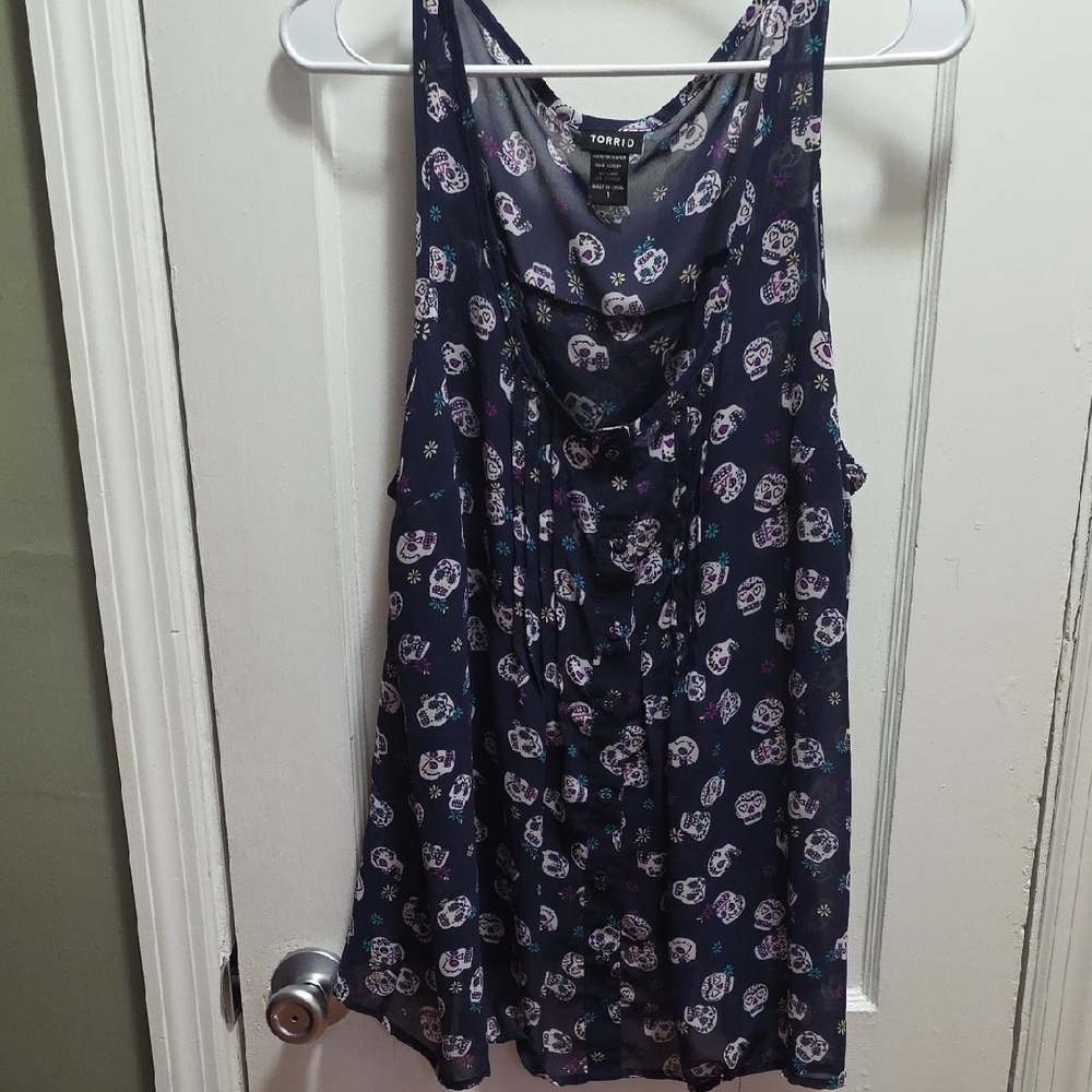Torrid Navy Top with Multicolor Skull Print